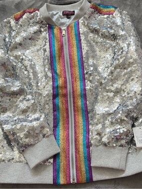 NWT JoJo Siwa Silver Sequin Jacket with Rainbow Stripes Size 10-12 L